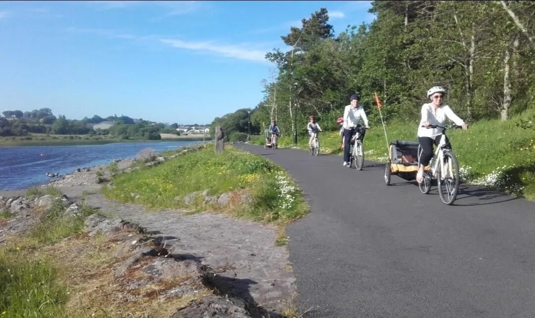 Several people cycling along a paved path next to a lake with green grass and trees.