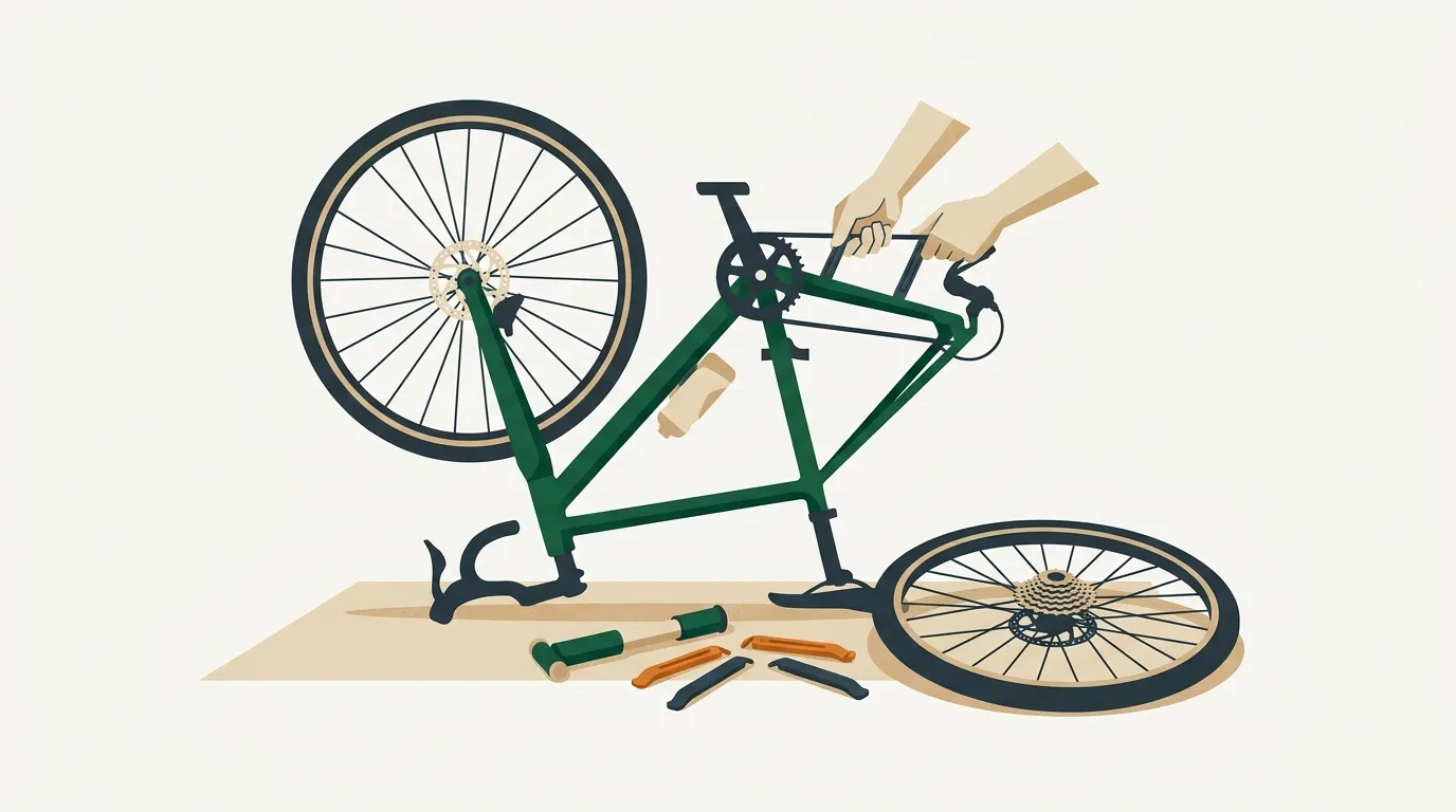 An upended bicycle at the roadside with the wheel off, tyre levers and a mini pump alongside.