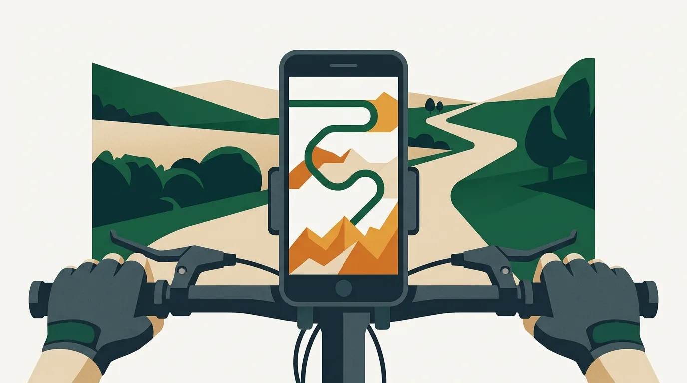 A phone mounted on handlebars showing a route line and elevation profile.