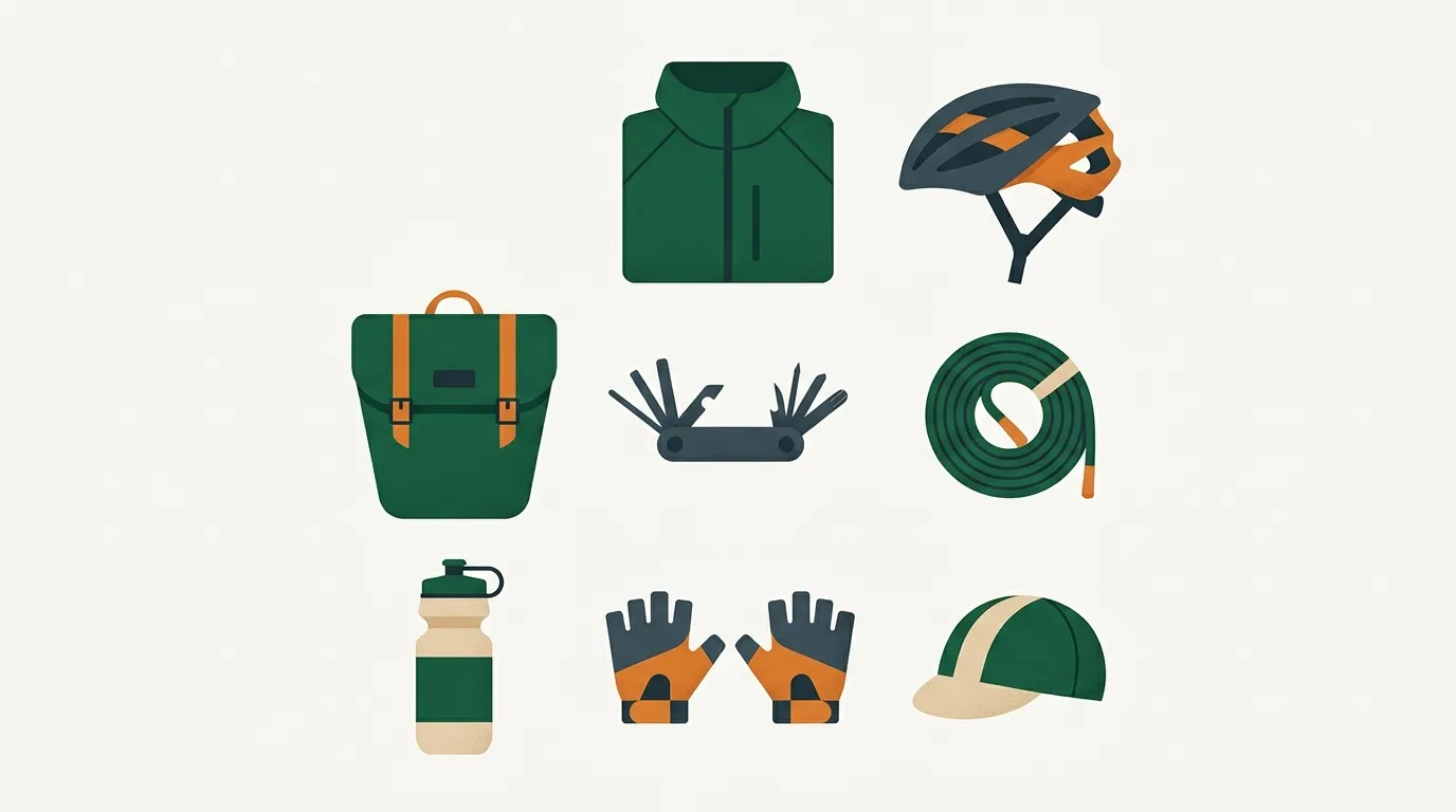 Touring cycling kit laid out in a grid: rain jacket, helmet, pannier, multi-tool, spare tube, bottle, gloves and cap.