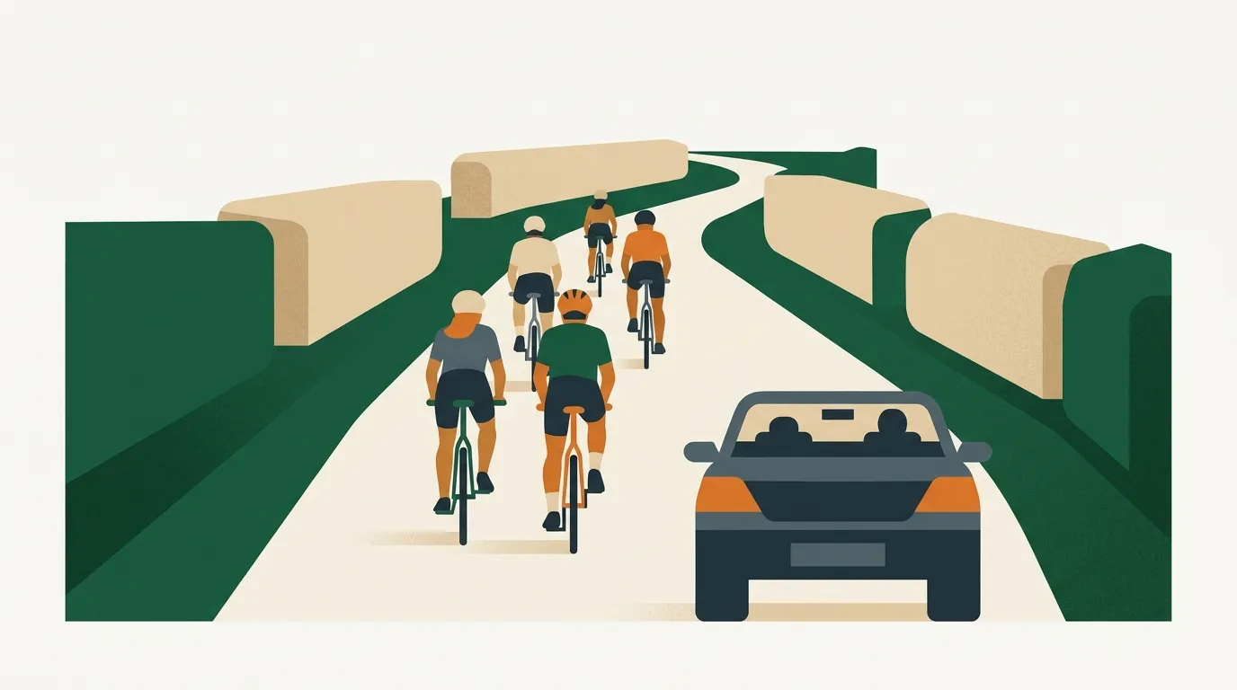Cyclists riding two abreast on a hedge-lined lane with a car waiting at a safe distance behind.