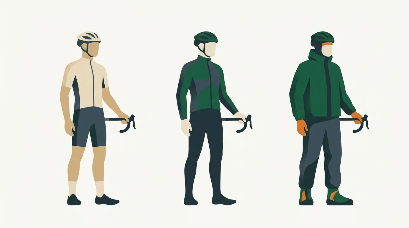 Three cyclists dressed for summer, windy and wet Irish riding conditions.