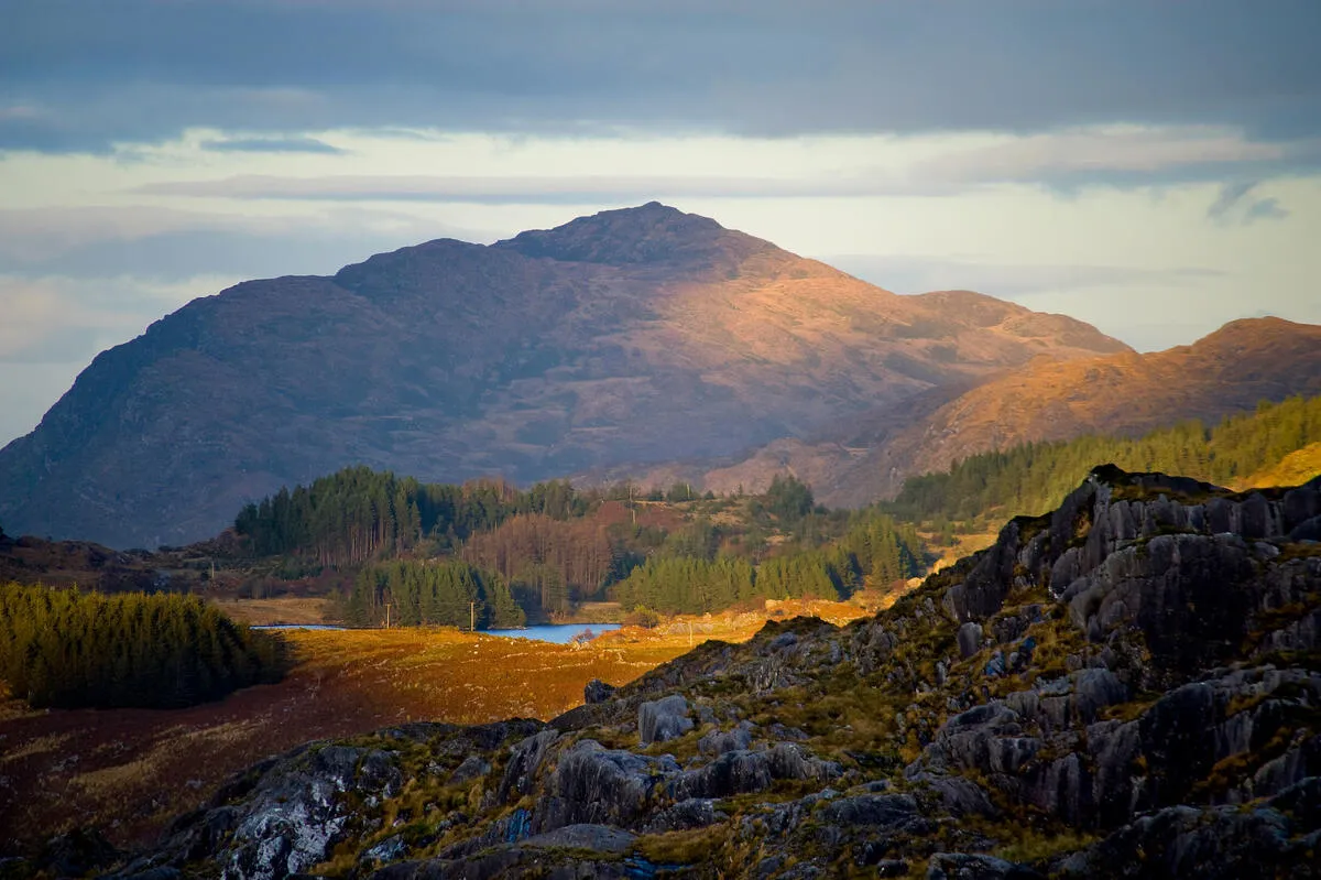 A large mountain rises behind a small lake and forest, viewed from a rocky foreground.